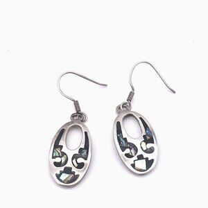 925 Sterling Silver Vintage Mexico Inlay Cutout Oval Dangle Drop Hook Earrings